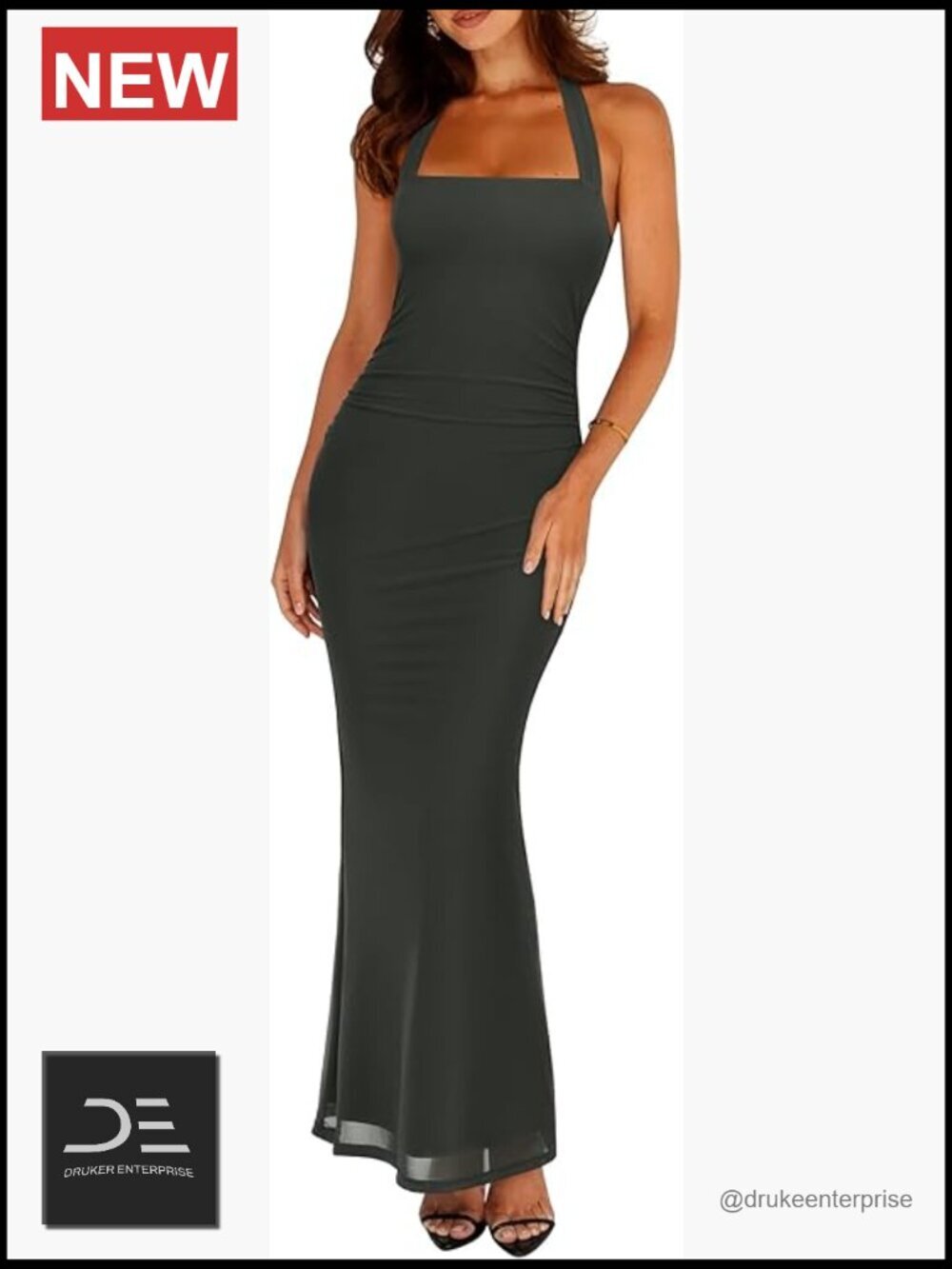 Mesh Sheer Sleeveless Wedding Guest Maxi Dress Ruched Bodycon Square Neck